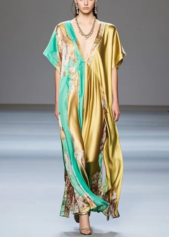 Elegant Golden Asymmetrical Design Print Silk Long Dress Summer