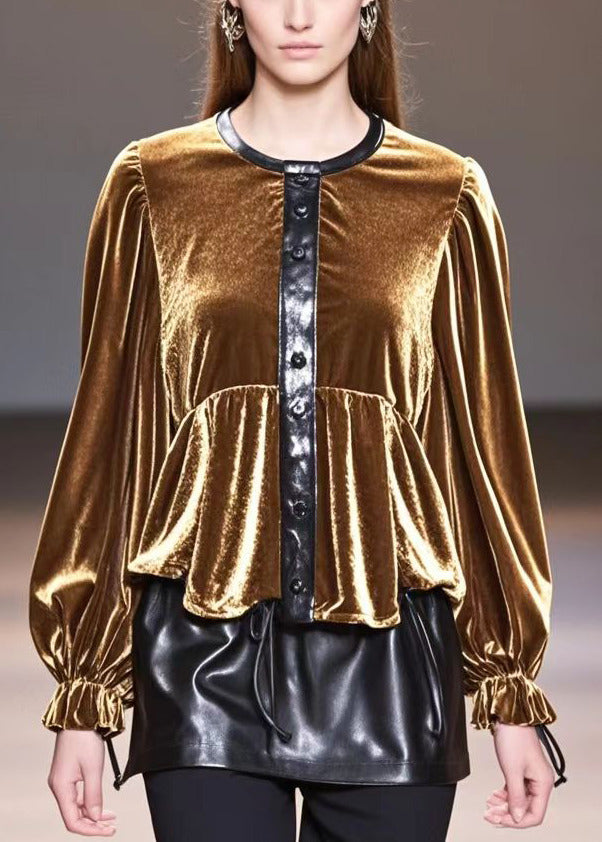 Elegant Golden O-Neck Patchwork Silk Velour Tops Fall