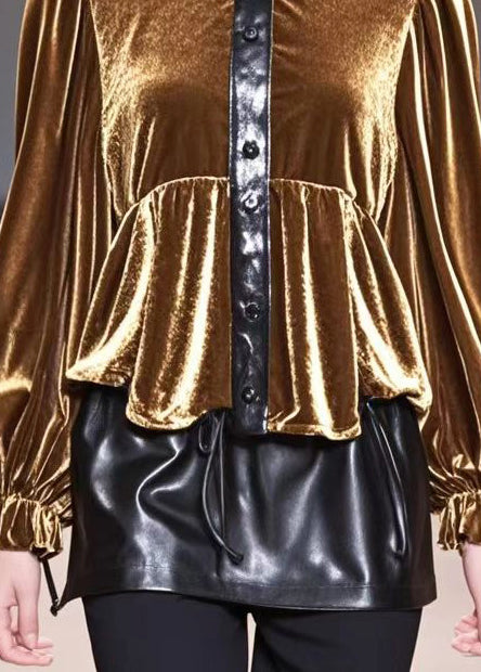 Elegant Golden O-Neck Patchwork Silk Velour Tops Fall