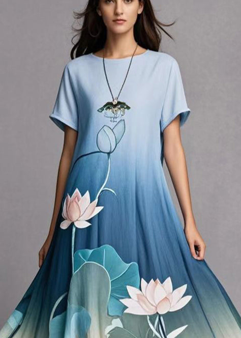 Elegant Gradient Blue Lotus Print Exra Large Hem Cotton Dress Summer