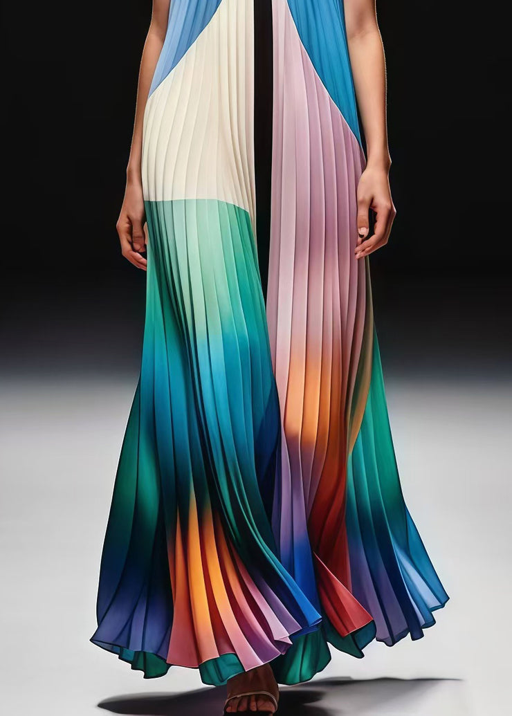 Elegant Gradient Color Print Wrinkled Chiffon Strapless Dress Summer