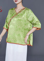 Elegant Grass Green Embroideried Lace Up Silk Top Summer