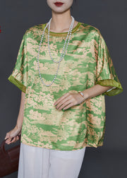 Elegant Grass Green Oversized Print Chiffon Top Summer