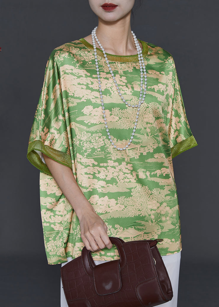 Elegant Grass Green Oversized Print Chiffon Top Summer