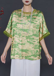 Elegant Grass Green Oversized Print Chiffon Top Summer