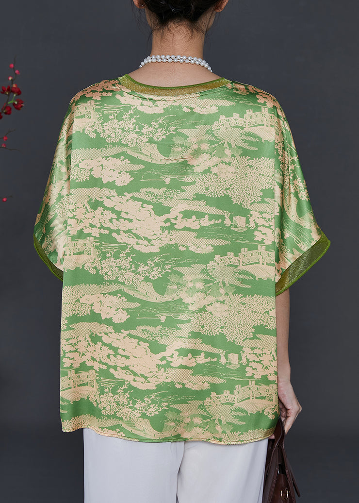 Elegant Grass Green Oversized Print Chiffon Top Summer