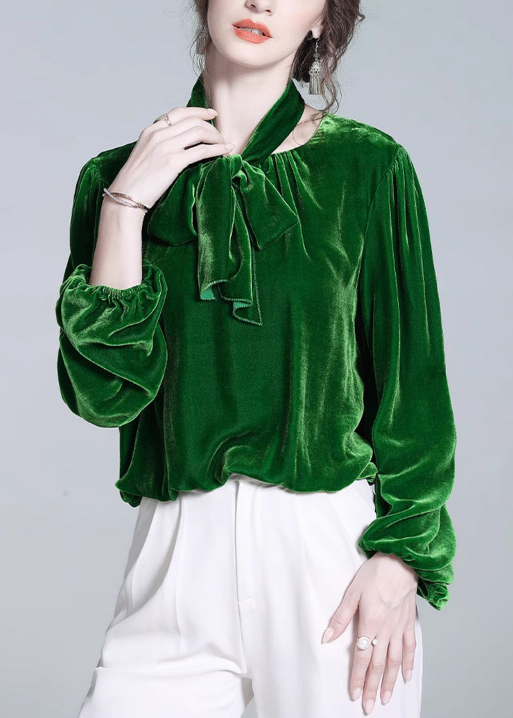 Elegant Green Bow Solid Silk Velour Top Winter