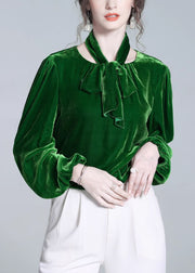 Elegant Green Bow Solid Silk Velour Top Winter