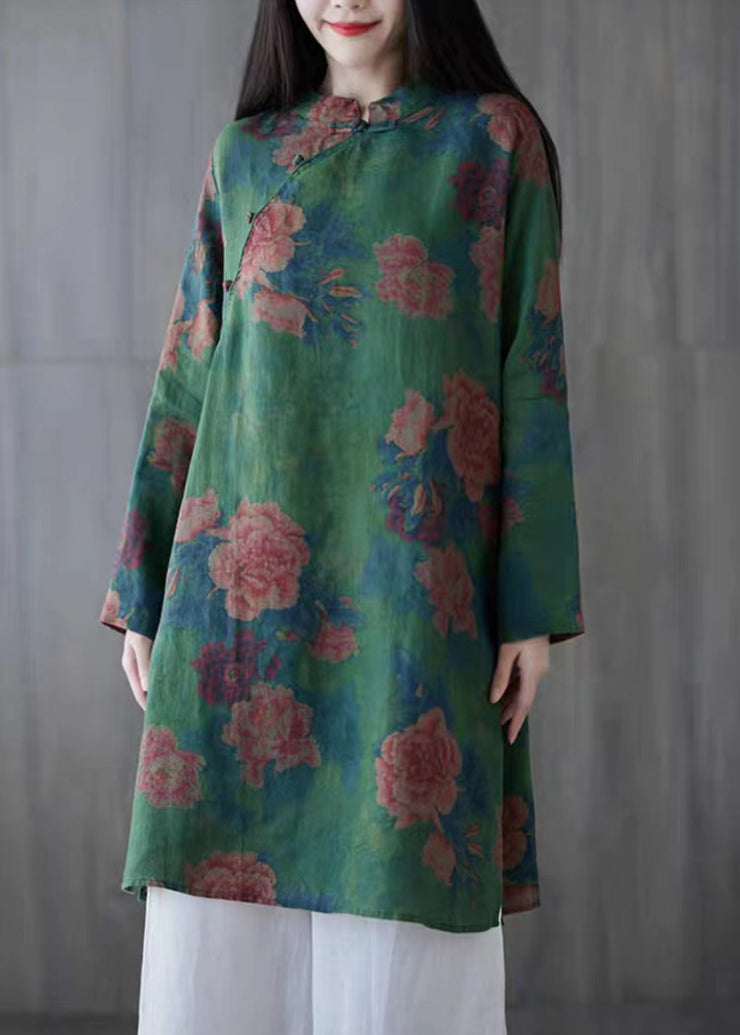 Elegant Green Button Print Linen Mid Dress Long Sleeve