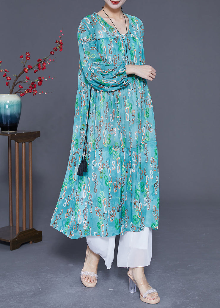 Elegant Green Cinched Print Chiffon Long Dresses Summer