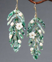 Elegant Green Copper Pearl Shell Flower Asymmetricar Leaf Drop Earrings