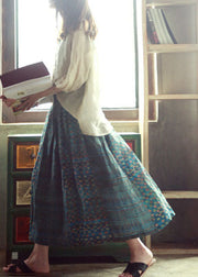 Elegant Green Elastic Waist Print Patchwork Linen Skirts Fall