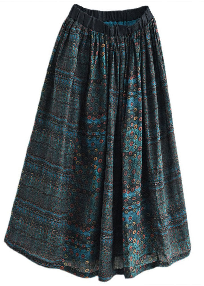 Elegant Green Elastic Waist Print Patchwork Linen Skirts Fall