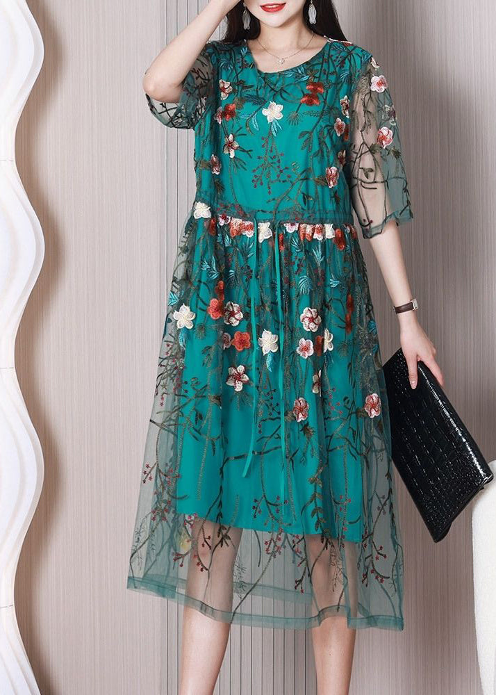 Elegant Green Embroideried Floral Tulle Holiday Dress Summer