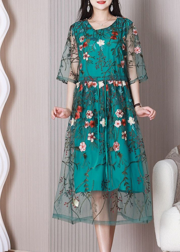 Elegant Green Embroideried Floral Tulle Holiday Dress Summer