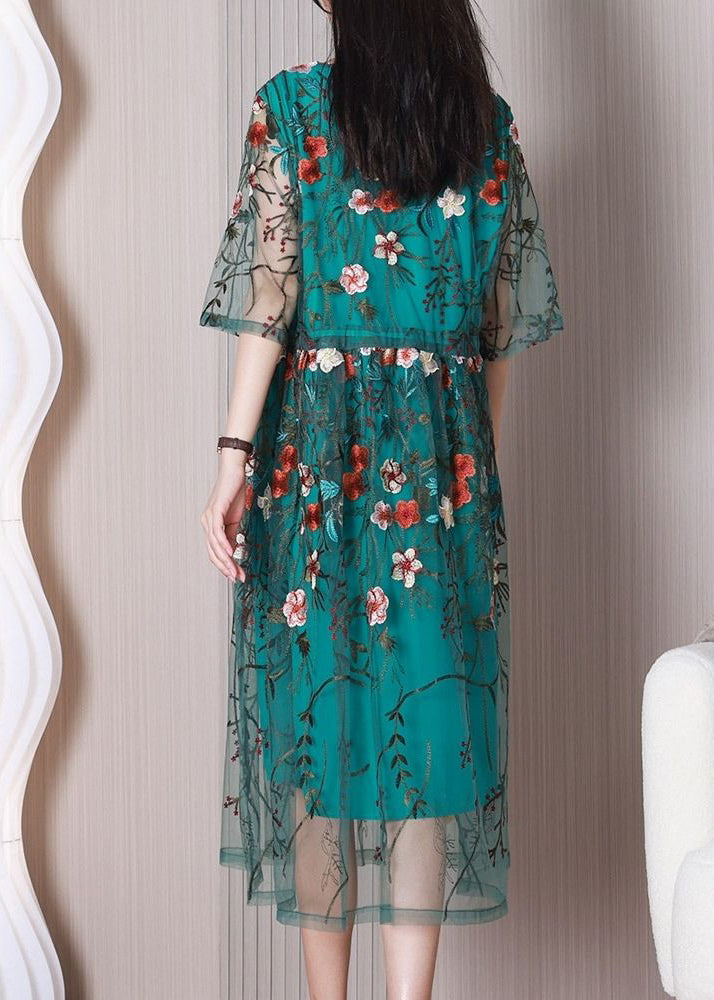 Elegant Green Embroideried Floral Tulle Holiday Dress Summer