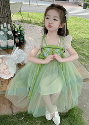 Elegant Green Embroideried Patchwork Bow Tulle Kids Long Dress Short Sleeve