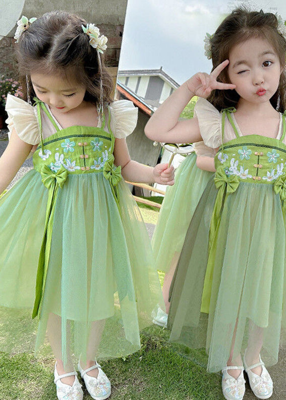 Elegant Green Embroideried Patchwork Bow Tulle Kids Long Dress Short Sleeve