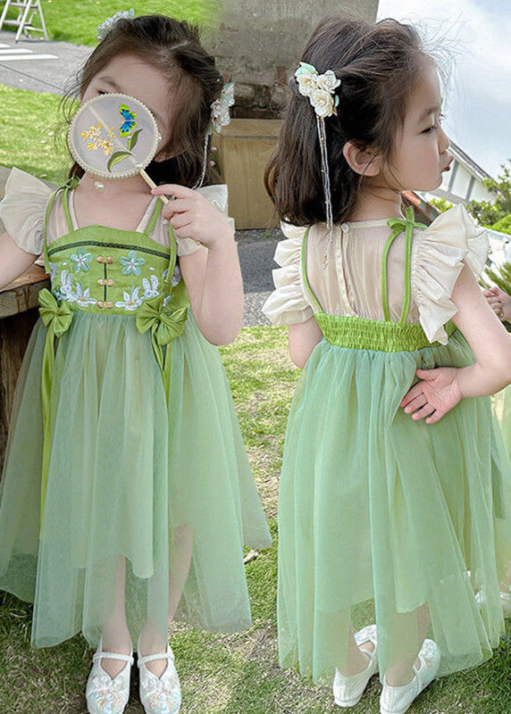 Elegant Green Embroideried Patchwork Bow Tulle Kids Long Dress Short Sleeve