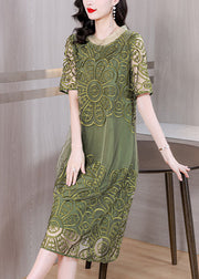 Elegant Green Embroidered Ruffled Tulle Long Dresses Short Sleeve