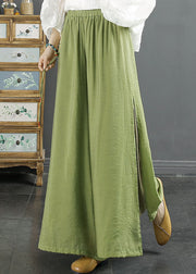 Elegant Green Embroidered Tassel Side Open Silk Wide Leg Pants Summer