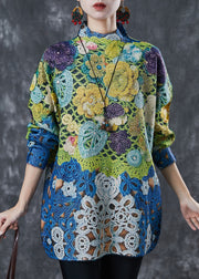 Elegant Green Floral Zircon Knit Pullover Spring