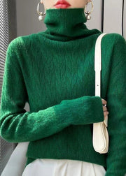 Elegant Green Hign Neck Patchwork Woolen Knit Sweaters Top Fall