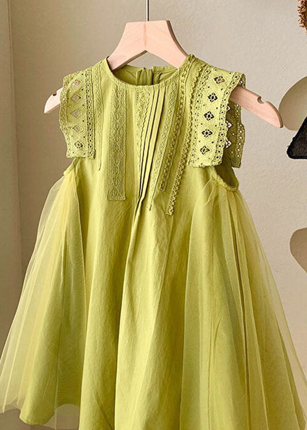 Elegant Green Hollow Out Embroideried Tulle Patchwork Cotton Baby Girls Dress Summer