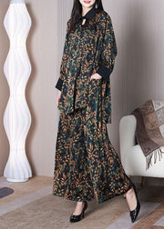 Elegant Green Leaf Print Oversized Draping Silk Two Piece Set Spring