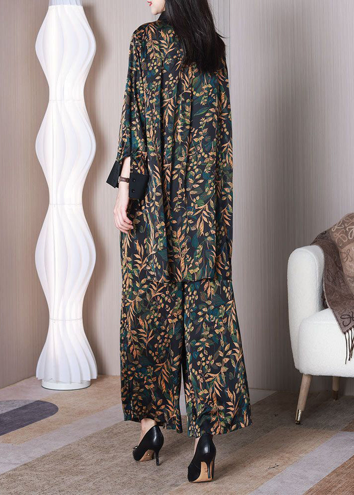 Elegant Green Leaf Print Oversized Draping Silk Two Piece Set Spring