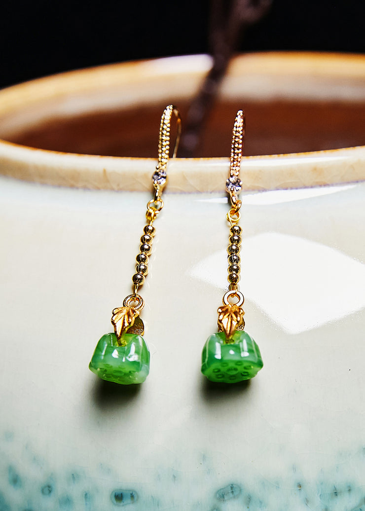 Elegant Green Lotus Seedpod Jade Gilding Drop Earrings