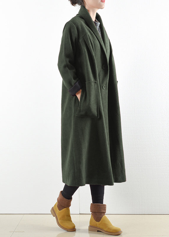 Elegant Green Notched Button Pockets Woolen Trench Coats Long Sleeve