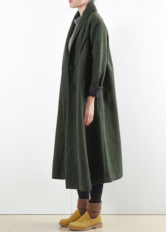 Elegant Green Notched Button Pockets Woolen Trench Coats Long Sleeve