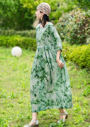 Elegant Green O Neck Drawstring Patchwork Long Linen Dress Summer