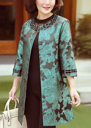 Elegant Green O-Neck Jacquard Spandex Long Coats Bracelet Sleeve