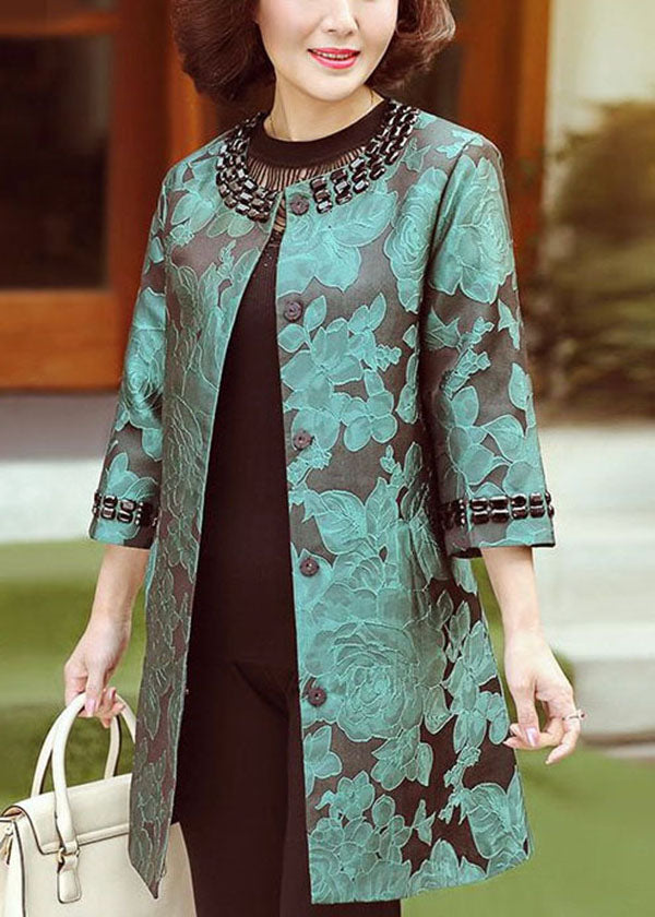 Elegant Green O-Neck Jacquard Spandex Long Coats Bracelet Sleeve