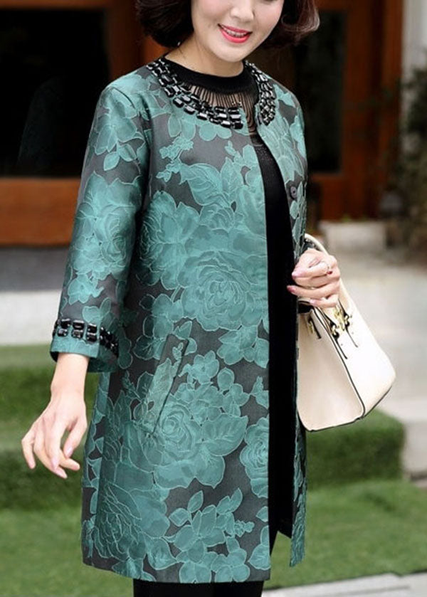 Elegant Green O-Neck Jacquard Spandex Long Coats Bracelet Sleeve