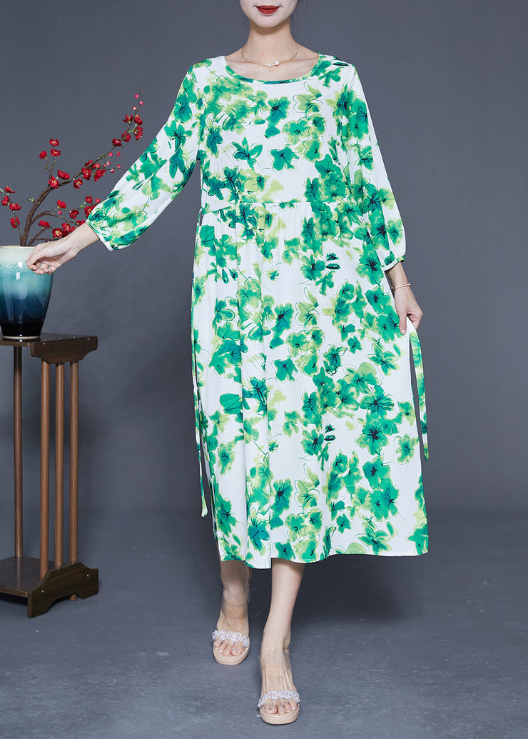 Elegant Green O-Neck Oversized Print Silk Vacation Dresses Bracelet Sleeve