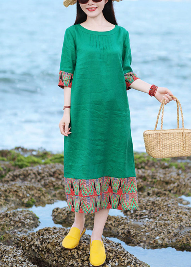 Elegant Green O Neck Patchwork Cotton Long Dresses Half Sleeve