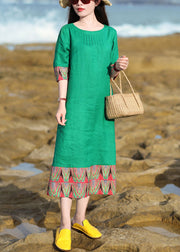 Elegant Green O Neck Patchwork Cotton Long Dresses Half Sleeve