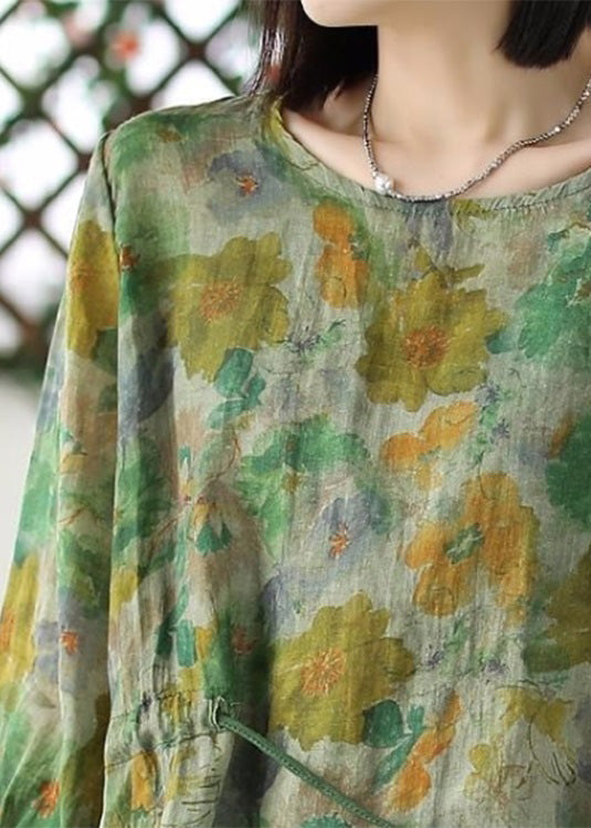 Elegant Green O-Neck Print Drawstring Tie Waist Ramie Top Long Sleeve