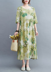 Elegant Green O-Neck Wrinkled Print Cotton Long Dress Half Sleeve