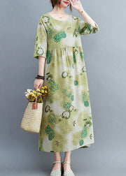 Elegant Green O-Neck Wrinkled Print Cotton Long Dress Half Sleeve