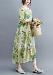 Elegant Green O-Neck Wrinkled Print Cotton Long Dress Half Sleeve