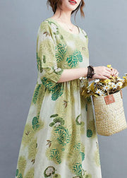 Elegant Green O-Neck Wrinkled Print Cotton Long Dress Half Sleeve