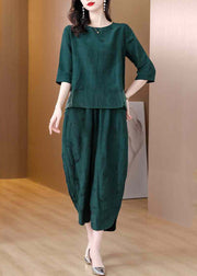 Elegant Green Oversized Patchwork Linen Two Pieces Set Spring