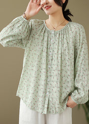 Elegant Green Oversized Print Cotton Blouses Fall