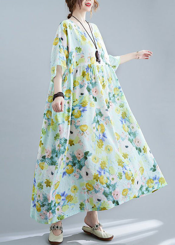 Elegant Green Oversized Print Cotton Maxi Dresses Summer