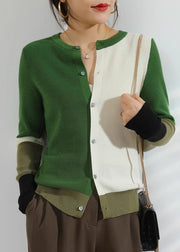 Elegant Green Patchwork Button Cotton Knitted Cardigans Fall