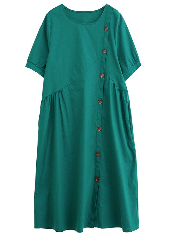 Elegant Green Patchwork Wrinkled Button Cotton Vacation Dresses Summer